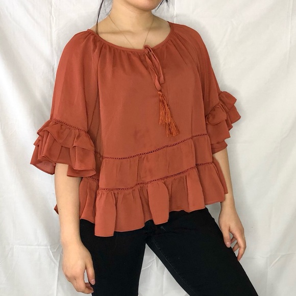 Women’s Orange Ruffle Flowy Tassle Blouse Top size L - Picture 2 of 4